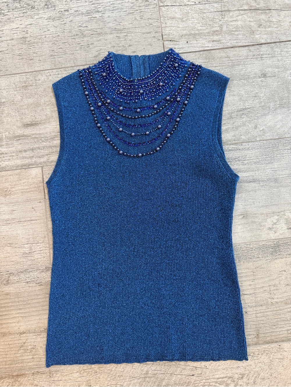 TanJay Vintage Metallic Beaded Blue Mock-Neck Sleeveless Knit Top Sz M